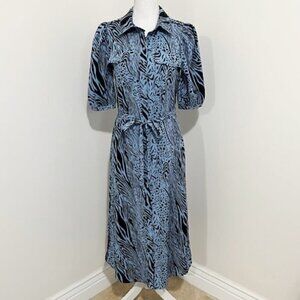 Sugar Lips Blue & Black Button Down Belted Midi Shirt Dress Size S